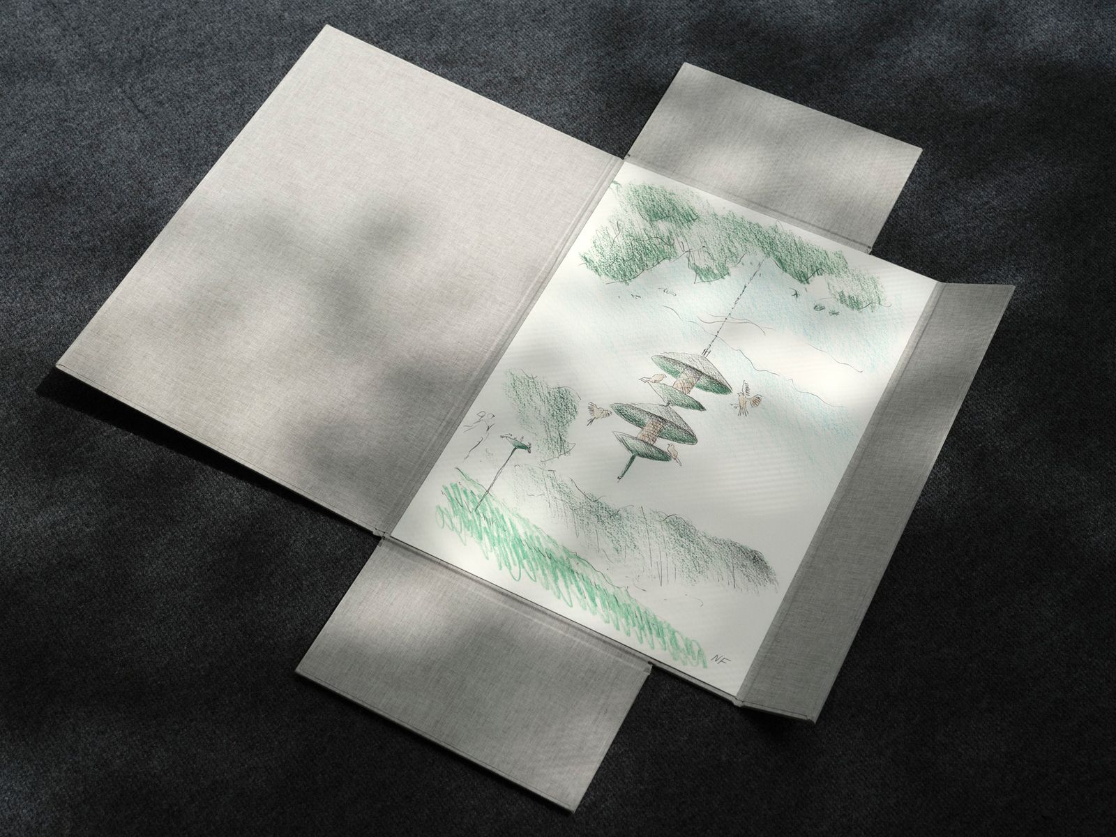 Buntstiftskizze von Norman Fosters Beitrag „For the Birds“