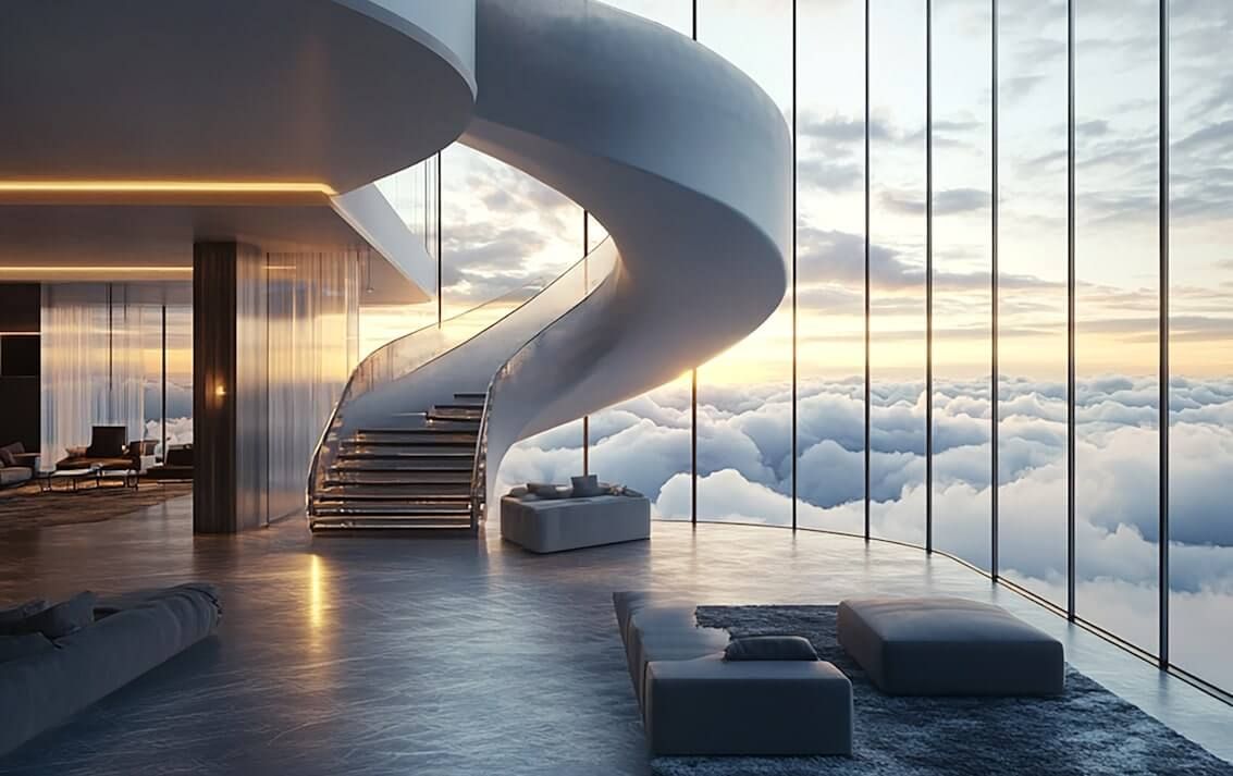 Rendering Penthouse Burj Khalifa Sky Palace weiße geschwungene Treppe